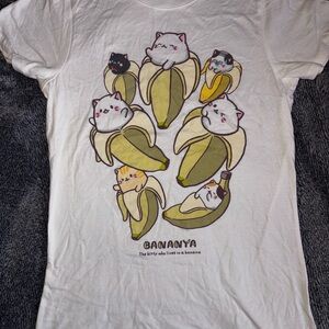Bananya White T-Shirt with Cat and Banana Design - size small